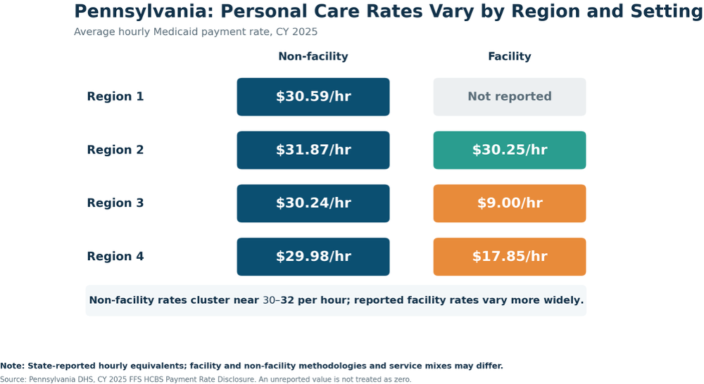 Pennsylvania: Personal Care Rates Vary by Region and Setting, Average hourly Medicaid payment rate, CY 2025. Non-facility: Region 1: $30.59/hr, Region 2: $31.87/hr, Region 3: $30.24/hr, Region 4: $29.98/hr. Facility: Region 1: not reported, Region 2: $30.25/hr, Region 3: $9.00/hr, Region 4: $17.85/hr. Non-facility rates cluster near 30–32 per hour; reported facility rates vary more widely. Note: State-reported hourly equivalents; facility and non-facility methodologies and service mixes may differ. Source: Pennsylvania DHS, CY 2025 FFS HCBS Payment Rate Disclosure. An unreported value is not treated as zero.