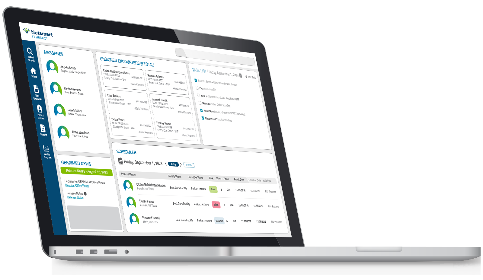 Geriatric Value-Based Care Software | Dashboard Example Shown on Laptop - Netsmart GEHRIMED is the leading geriatric EHR and care management software designed for geriatric care settings
